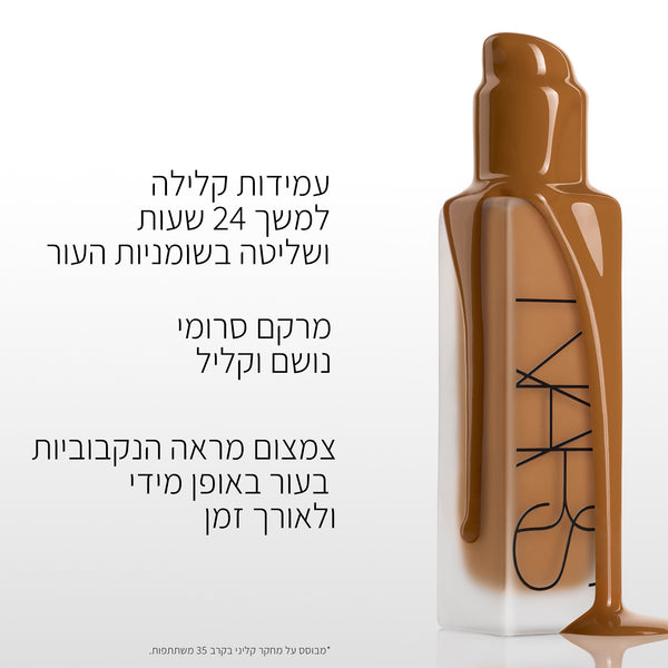 בקדמת התמונה בקבוקית זכוכית עם לוגו NARS, כשחומר בגוון חום נשפך עליה ומטפטף כלפי מטה. משמאל לבקבוקית מופיע טקסט המציין עמידות קלה למשך 24 שעות ושליטה בשומניות העור, מרקם סרומי נושם וקליל, וצמצום מראה הנקבוביות בעור באופן מידי ולמשך זמן. בתחתית התמונה מופיעה הערה: מבוסס על מחקר קליני בקרב 35 משתתפות.
