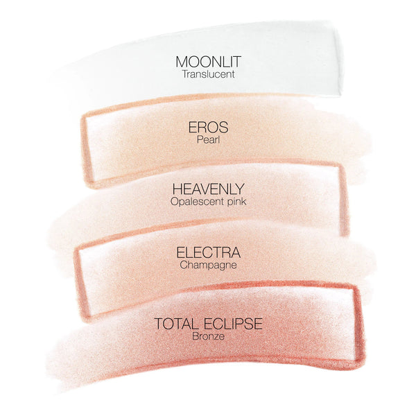 חמש מריחות של Light Reflecting Luminizing Stick של NARS, המציגות את מגוון הגוונים: Moonlit (Translucent), Eros (Pearl), Heavenly (Opalescent Pink), Electra (Champagne) ו-Total Eclipse (Bronze). התמונה מדגישה את ההבדלים בין הגוונים ואת הגימור הזוהר והקורן של כל אחד מהם.
