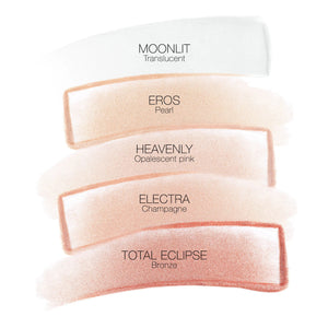 חמש מריחות של Light Reflecting Luminizing Stick של NARS, המציגות את מגוון הגוונים: Moonlit (Translucent), Eros (Pearl), Heavenly (Opalescent Pink), Electra (Champagne) ו-Total Eclipse (Bronze). התמונה מדגישה את ההבדלים בין הגוונים ואת הגימור הזוהר והקורן של כל אחד מהם.